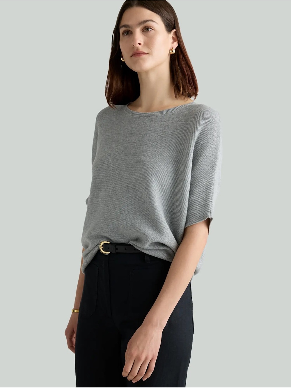 Quince Lightweight Cotton Cashmere Link-Stitch Dolman Sweater Heather Grey S